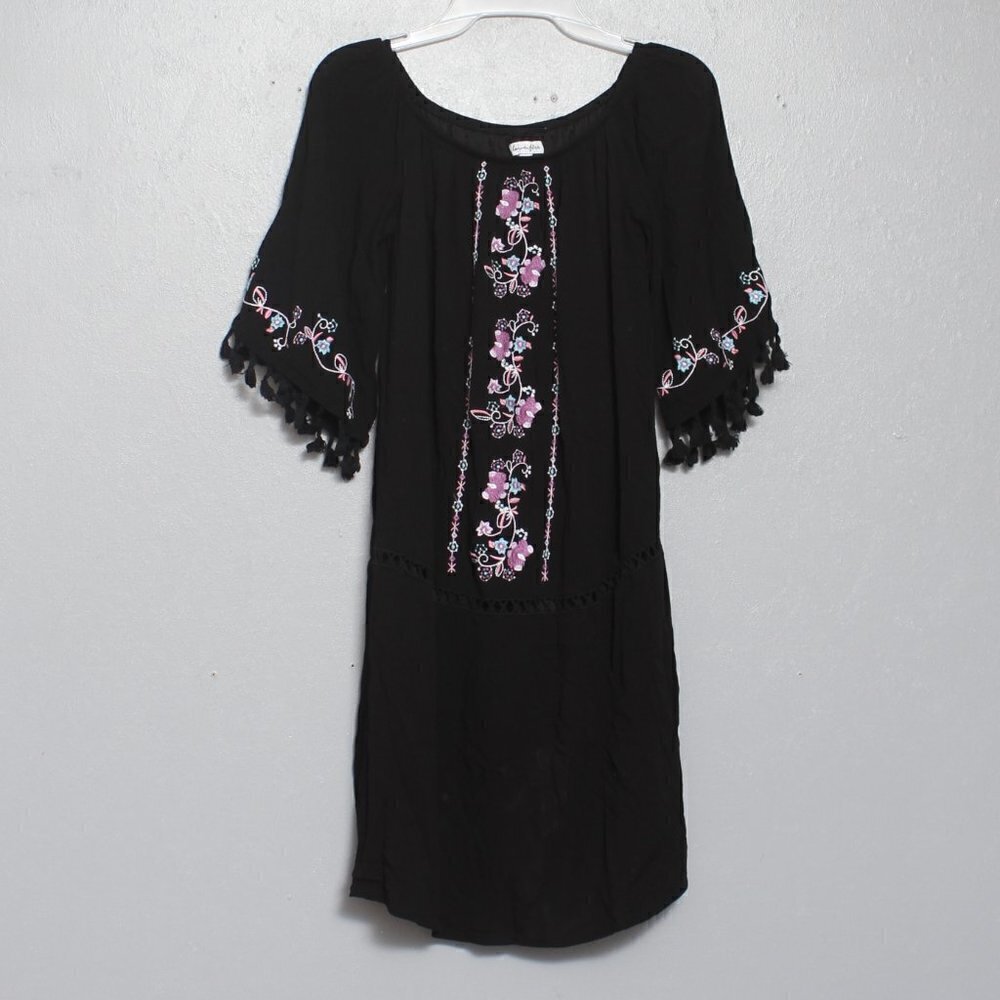 Love fire black fringe embroidered flower mumu dress